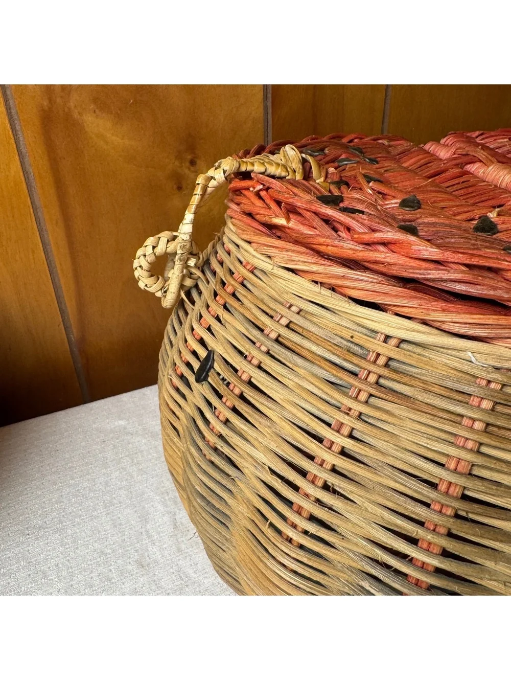 Vintage Watermelon Wicker Picnic Basket Split Lid Summer Kitchen Decor